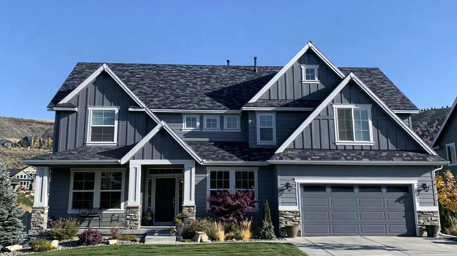 The same gray house with a continuous renewed shingle covering.