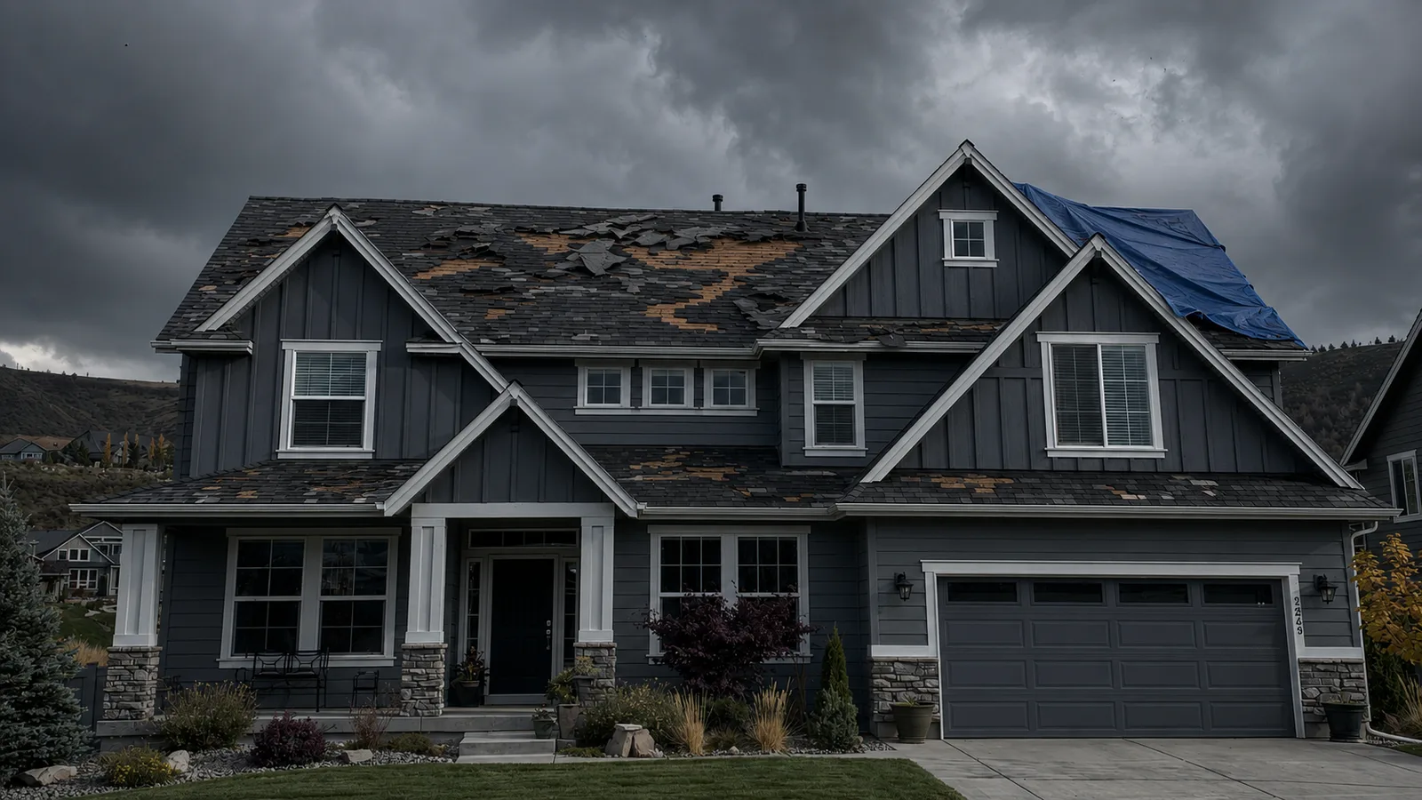 Gray house with missing and damaged shingles across its main roof.