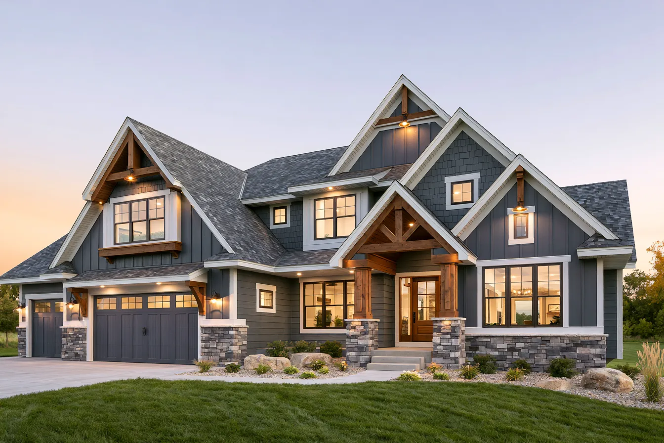 Illustrative house exterior with a gray shingle roof and timber-trimmed gables